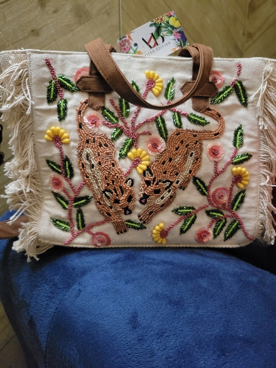 Express Edit Limited Edition Handbags - Beaded Beige Fringe Crossbody Bag with Floral & Animal Embroidery